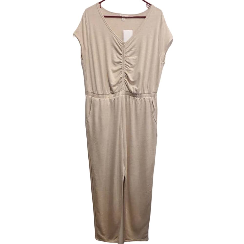 Stitch & Pine Cream Relaxed Loungewear Jumpsuit Heather Oatmeal Ruched Size XL